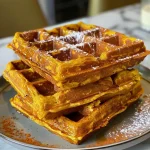 ['Close-up view of golden-brown flourless pumpkin waffles stacked on a plate.', 'Side view of fluffy flourless pumpkin waffles topped with syrup and warm spices.', 'Deliciously cooked flourless pumpkin waffles with an enticing texture and color.', 'Vibrant, moist flourless pumpkin waffles garnished with a drizzle of maple syrup.']