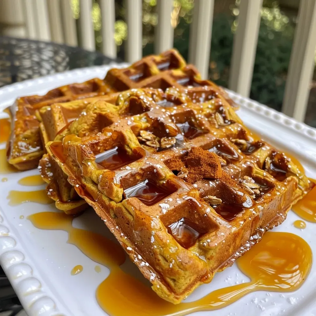 Close-up view of golden-brown flourless pumpkin waffles stacked on a plate.