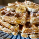 ['A close-up side view of fluffy protein waffles topped with fruit and syrup.', 'Delicious, golden-brown protein waffles with a drizzle of syrup and garnished with banana slices.', 'A detailed side perspective of fluffy protein waffles stacked high, showcasing their airy texture.', 'A vibrant photo of protein-rich waffles served on a plate, highlighting their fluffy appearance and toppings.']