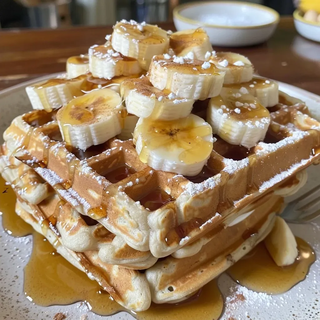 ['A close-up side view of fluffy protein waffles topped with fruit and syrup.', 'Delicious, golden-brown protein waffles with a drizzle of syrup and garnished with banana slices.', 'A detailed side perspective of fluffy protein waffles stacked high, showcasing their airy texture.', 'A vibrant photo of protein-rich waffles served on a plate, highlighting their fluffy appearance and toppings.']