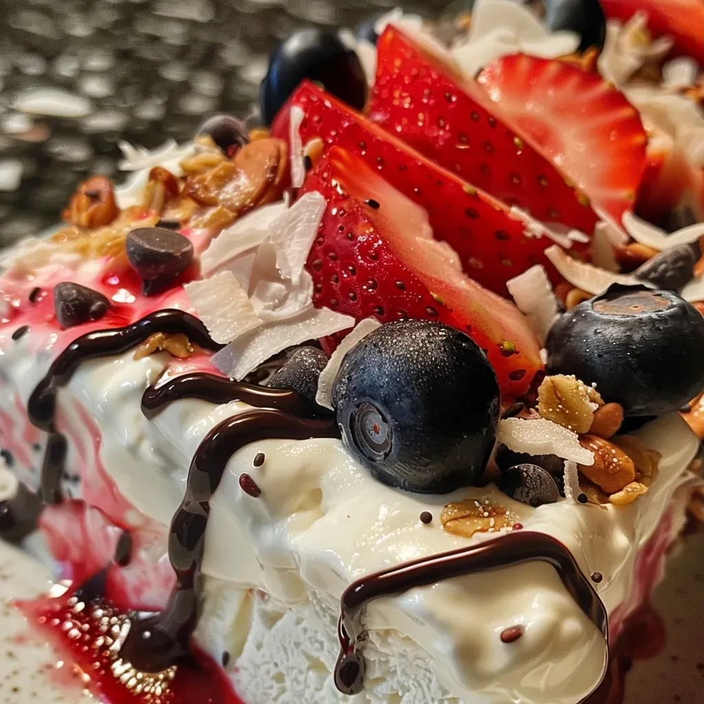['Close-up view of frozen yogurt bark topped with strawberries, blueberries, granola, coconut flakes, and chocolate chips.', 'Side view of colorful frozen yogurt bark displaying fresh fruits and toppings.', 'Juicy frozen yogurt bark with a variety of toppings, including berries and granola.', 'Vibrant frozen yogurt bark featuring a mix of strawberries, blueberries, and chocolate.']