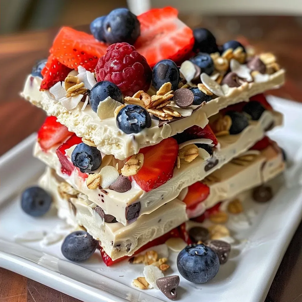 ['Close-up view of frozen yogurt bark topped with strawberries, blueberries, granola, coconut flakes, and chocolate chips.', 'Side view of colorful frozen yogurt bark displaying fresh fruits and toppings.', 'Juicy frozen yogurt bark with a variety of toppings, including berries and granola.', 'Vibrant frozen yogurt bark featuring a mix of strawberries, blueberries, and chocolate.']