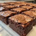 ['Close-up view of fudgy brownies with a glossy surface and chocolate chips.', 'Side view of rich, moist fudgy brownies showcasing their dense texture.', 'Succulent slice of fudgy brownie, highlighting the melted chocolate and shiny top.', 'Detailed shot of gooey fudgy brownies with chocolate chips and a soft crumb.']