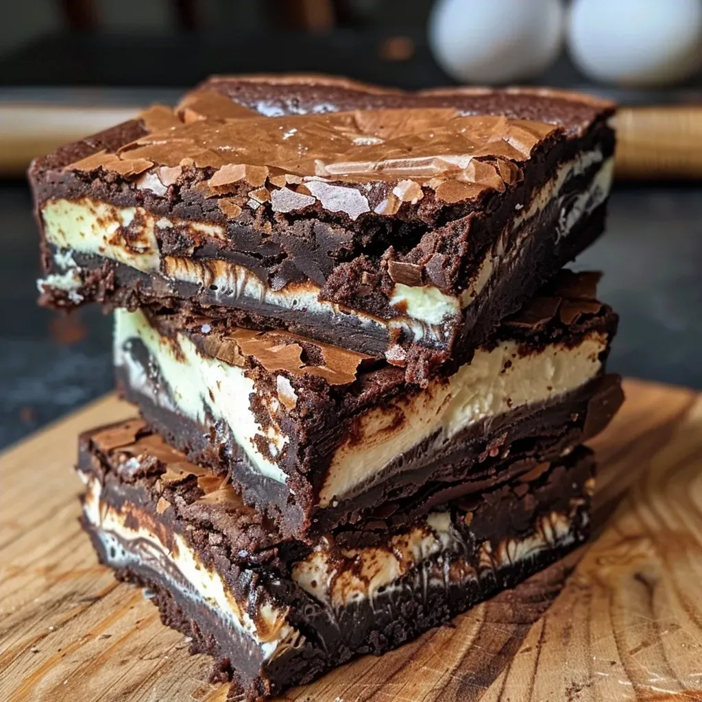 ['Close-up side view of fudgy cheesecake brownies on a plate.', 'Rich, layered cheesecake brownies showcased from the side.', 'Delicious, moist cheesecake brownies displayed with a glossy finish.', 'Side view of decadent fudgy brownies with cream cheese filling.']