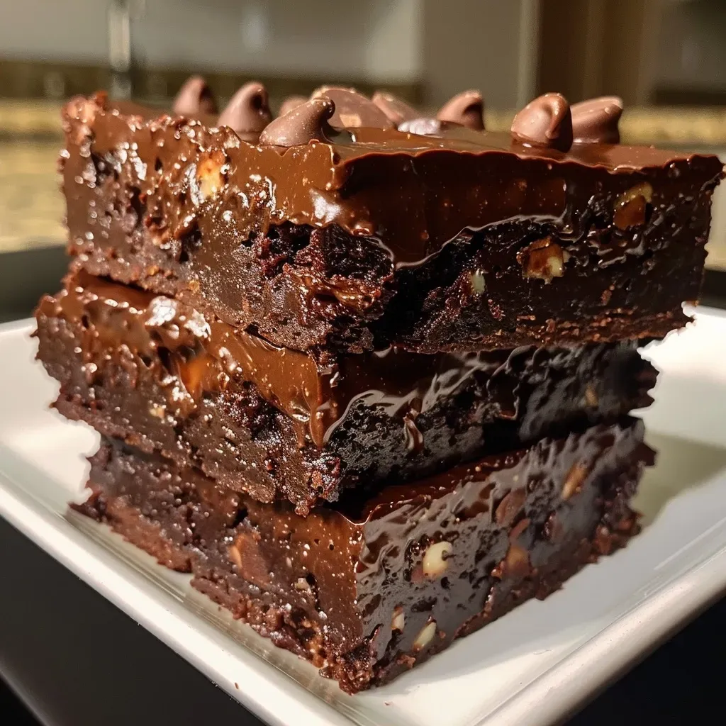 ['Close-up side view of fudgy double chocolate brownies topped with walnuts.', 'Rich chocolate brownies with a glossy finish and walnut chunks visible.', 'Deliciously moist chocolate brownies showcasing chopped walnuts on top.', 'Decadent fudgy brownies in a side view, highlighting the chocolate and walnut texture.']