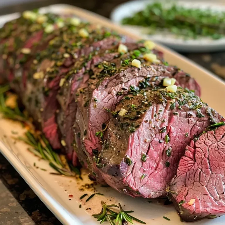 ['Close-up view of a juicy Garlic Herb Butter Beef Tenderloin Roast with herbs.', 'Side view of a beautifully cooked beef tenderloin roast topped with garlic and herbs.', 'Succulent beef tenderloin roast garnished with minced garlic and fresh herbs.', 'Mouthwatering garlic herb butter beef tenderloin displayed on a wooden cutting board.']