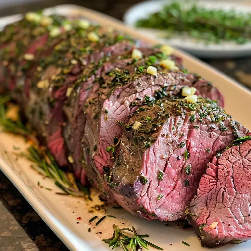 Close-up view of a juicy Garlic Herb Butter Beef Tenderloin Roast with herbs.