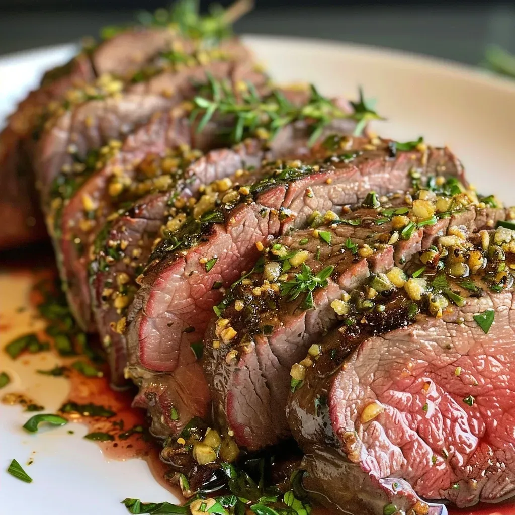 Close-up view of a juicy Garlic Herb Butter Beef Tenderloin Roast with herbs.