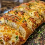 ['Close-up view of golden-brown Garlic Herb Cheddar Cheese Bread with melted cheese oozing out.', 'Side view of freshly baked Garlic Herb Cheddar Cheese Bread, showing a soft, crusty exterior and cheesy filling.', 'Juicy Garlic Herb Cheddar Cheese Bread with herbs and cheeses visibly mixed into the dough.', 'Detailed close-up of cheesy Garlic Herb Bread, highlighting the texture and color of the crust.']