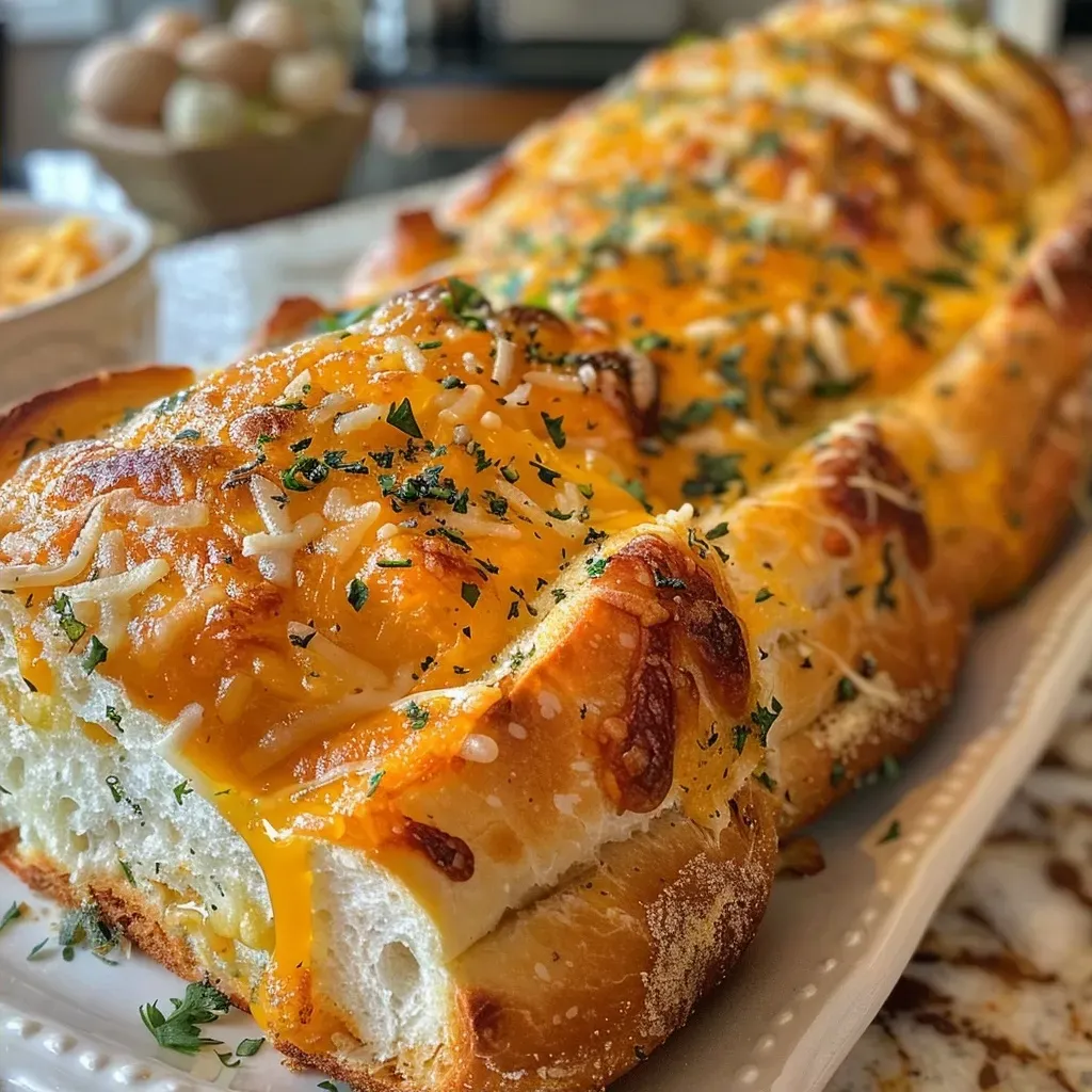 Close-up view of golden-brown Garlic Herb Cheddar Cheese Bread with melted cheese oozing out.