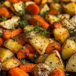 ['Close-up of garlic herb roasted potatoes, carrots, and zucchini on a plate.', 'Side view of juicy roasted vegetables including potatoes, carrots, and zucchinis.', 'Colorful assortment of garlic roasted vegetables garnished with fresh parsley.', 'Diced potatoes, sliced carrots, and zucchini, golden from roasting, on a rustic plate.']