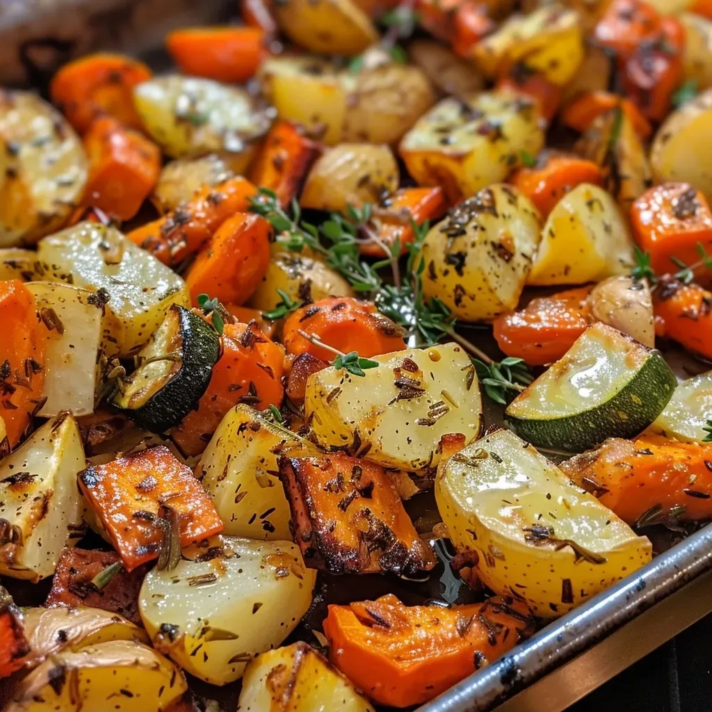 ['Close-up of garlic herb roasted potatoes, carrots, and zucchini on a plate.', 'Side view of juicy roasted vegetables including potatoes, carrots, and zucchinis.', 'Colorful assortment of garlic roasted vegetables garnished with fresh parsley.', 'Diced potatoes, sliced carrots, and zucchini, golden from roasting, on a rustic plate.']