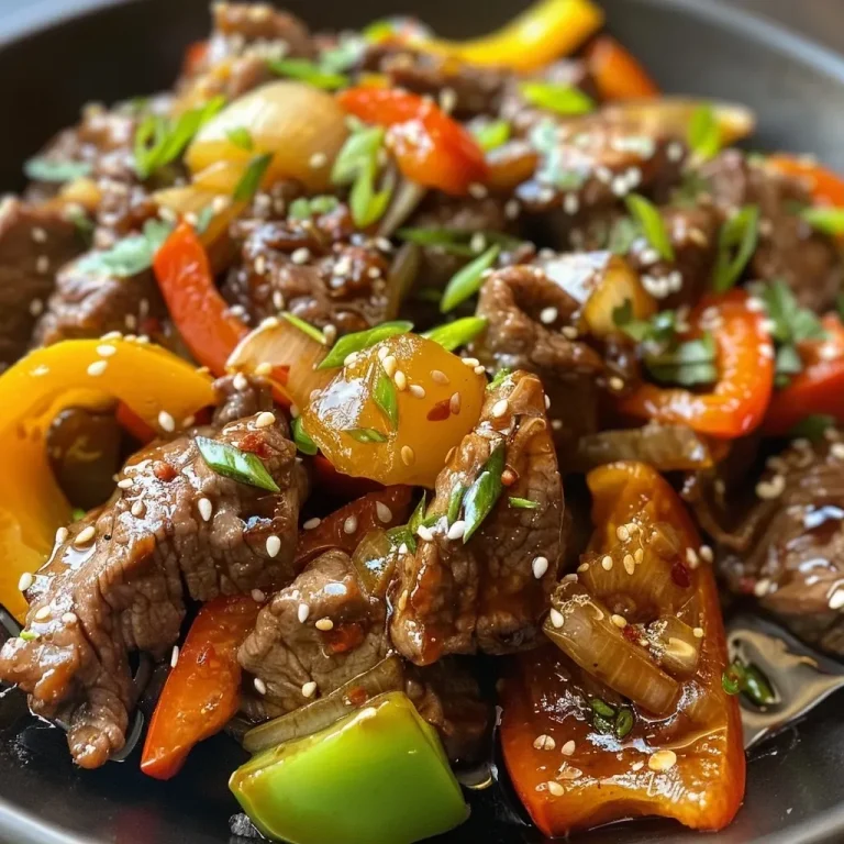 ['Close-up view of a sizzling Garlic Lovers Pepper Steak garnished with colorful bell peppers.', 'Juicy flank steak surrounded by vibrant, cubed bell peppers and slices of onion, captured in detail.', 'A plate of Garlic Lovers Pepper Steak featuring tender meat, fresh garlic, and colorful vegetables from a side angle.', 'Appetizing Garlic Lovers Pepper Steak showcasing rich colors and textures from a detailed side perspective.']