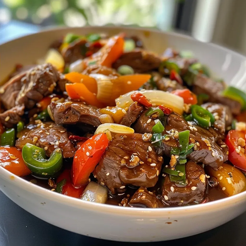 ['Close-up view of a sizzling Garlic Lovers Pepper Steak garnished with colorful bell peppers.', 'Juicy flank steak surrounded by vibrant, cubed bell peppers and slices of onion, captured in detail.', 'A plate of Garlic Lovers Pepper Steak featuring tender meat, fresh garlic, and colorful vegetables from a side angle.', 'Appetizing Garlic Lovers Pepper Steak showcasing rich colors and textures from a detailed side perspective.']