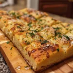 ['Close-up view of a golden-brown Garlic Parmesan Focaccia with a crisp crust and bubbling cheese.', 'Side view of freshly baked Garlic Parmesan Focaccia topped with minced garlic and parsley.', 'Juicy Garlic Parmesan Focaccia showcasing its fluffy texture and flaky sea salt on top.', 'Detailed view of Garlic Parmesan Focaccia highlighting its cheesy surface and olive oil drizzle.']