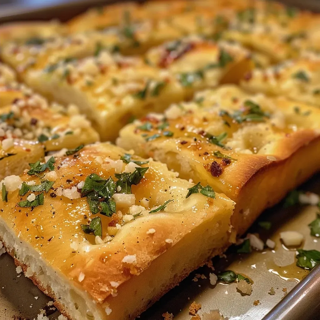 Close-up view of a golden-brown Garlic Parmesan Focaccia with a crisp crust and bubbling cheese.