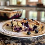 ['Close-up of a gluten-free blueberry lemon breakfast casserole topped with powdered sugar.', 'Side view of a baked gluten-free blueberry lemon casserole with blueberries visible on top.', 'A delicious slice of gluten-free blueberry lemon breakfast casserole on a plate.', 'Glazed gluten-free blueberry lemon breakfast casserole with a sprinkle of powdered sugar.']