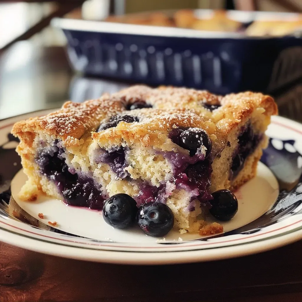 ['Close-up of a gluten-free blueberry lemon breakfast casserole topped with powdered sugar.', 'Side view of a baked gluten-free blueberry lemon casserole with blueberries visible on top.', 'A delicious slice of gluten-free blueberry lemon breakfast casserole on a plate.', 'Glazed gluten-free blueberry lemon breakfast casserole with a sprinkle of powdered sugar.']