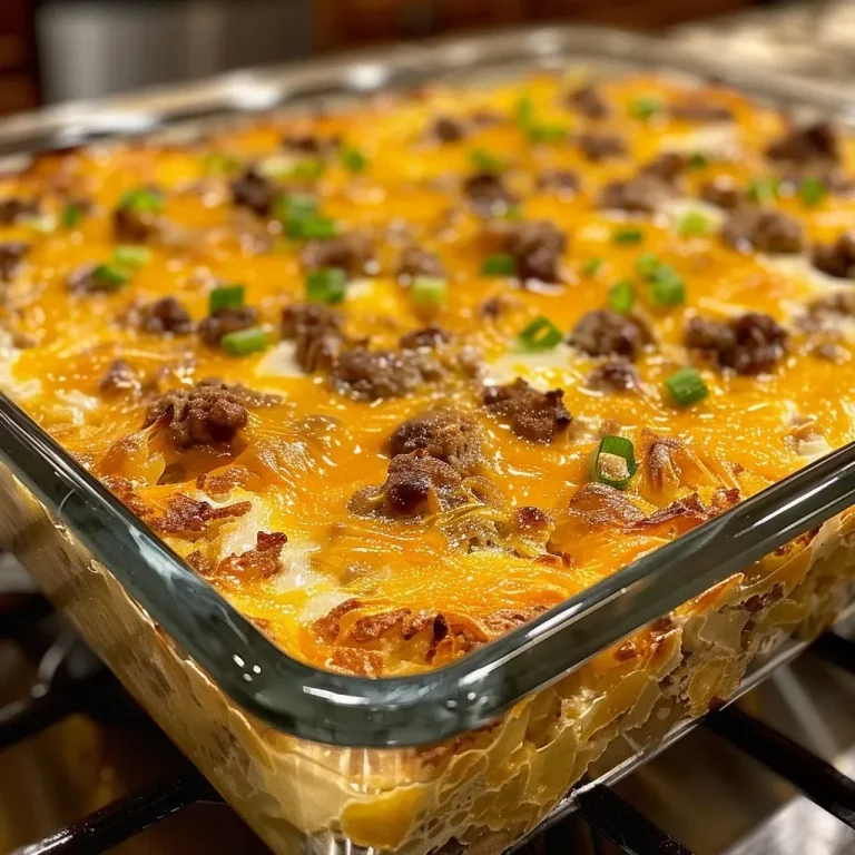 ['Close-up of a slice of gluten-free breakfast casserole with sausage and cheese.', 'Side view of a baked gluten-free breakfast casserole featuring hash browns and green onions.', 'Juicy, golden gluten-free breakfast casserole displaying layers of sausage and cheese.', 'Delicious gluten-free breakfast casserole freshly cut, showcasing melted cheese and toppings.']