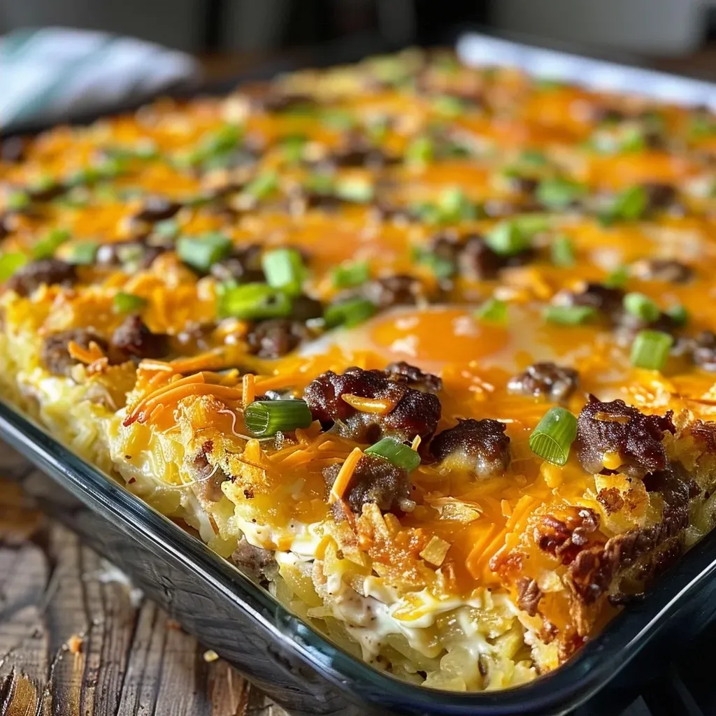 ['Close-up of a slice of gluten-free breakfast casserole with sausage and cheese.', 'Side view of a baked gluten-free breakfast casserole featuring hash browns and green onions.', 'Juicy, golden gluten-free breakfast casserole displaying layers of sausage and cheese.', 'Delicious gluten-free breakfast casserole freshly cut, showcasing melted cheese and toppings.']