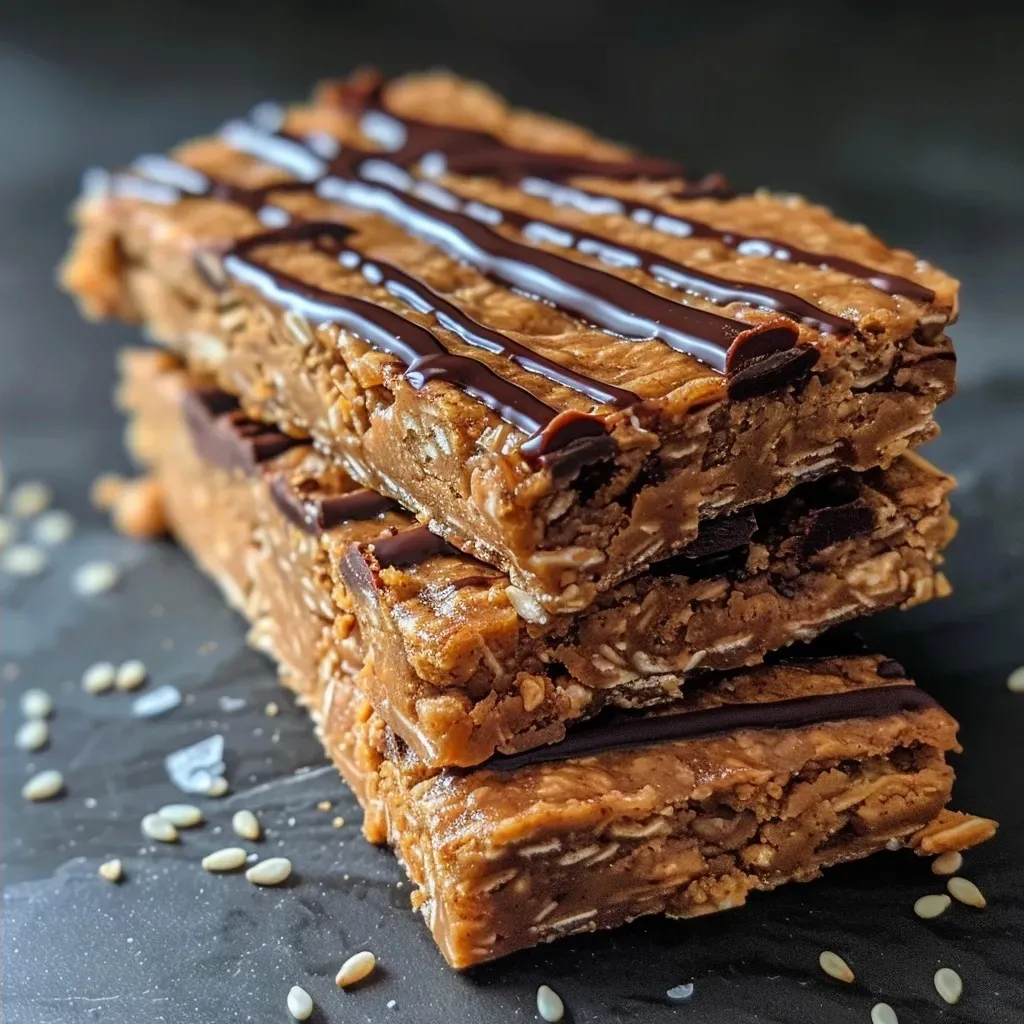 ['Close-up of gluten-free, dairy-free protein bars drizzled with melted dark chocolate.', 'Side view of homemade protein bars showcasing chunks of chocolate and a sprinkle of sea salt.', 'Delicious protein bars with a glossy chocolate coating and visible seeds on top.', 'An appetizing arrangement of protein bars with a rich chocolate finish and nutty texture.']