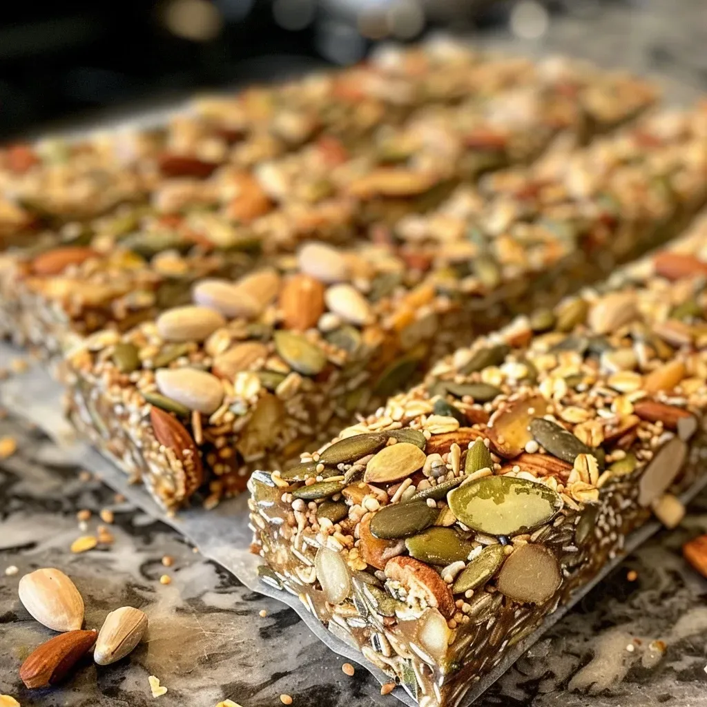 ['Close-up view of gluten-free granola bars with visible nuts and seeds.', 'Side perspective of chewy granola bars showcasing ingredients like almonds and coconut.', 'Delicious-looking gluten-free granola bars featuring a mix of seeds and nuts.', 'Textured granola bars highlighted with chunks of almonds and pumpkin seeds.']