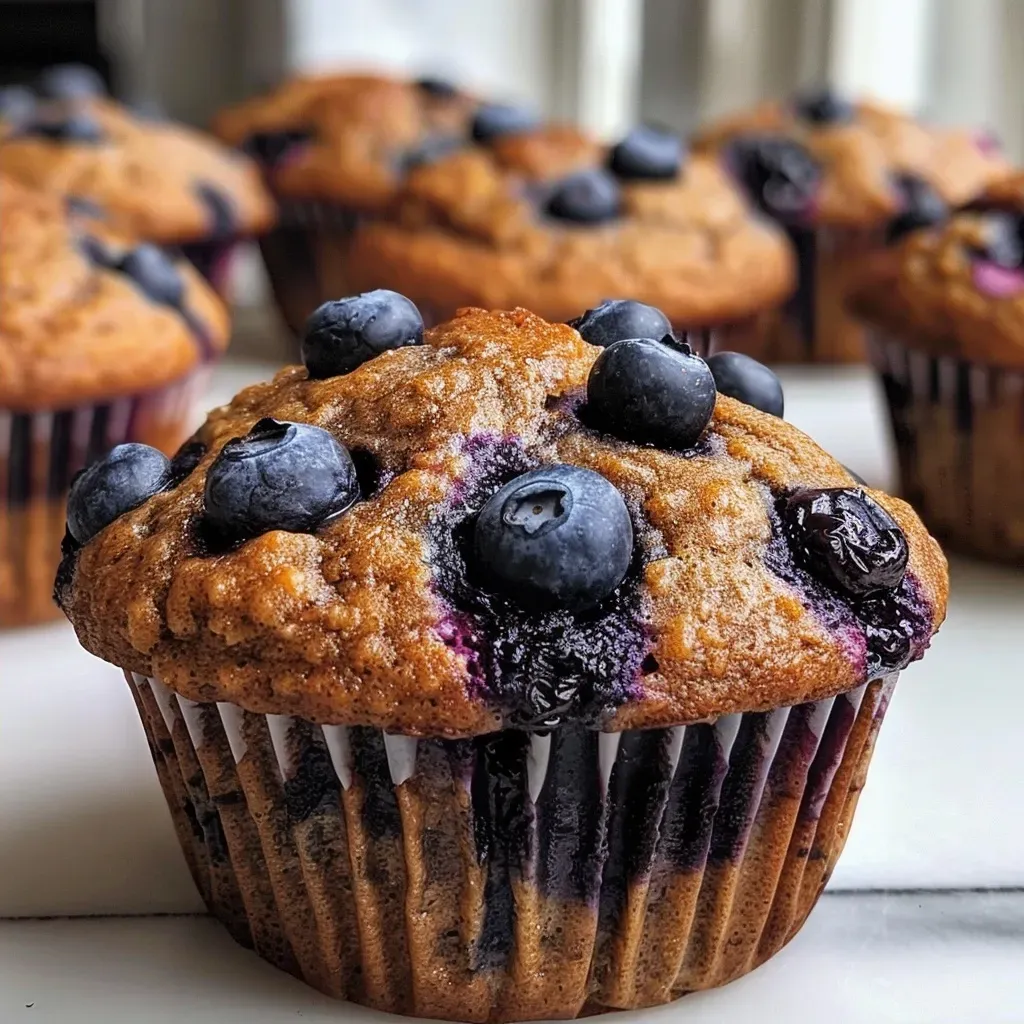['Close-up view of a fluffy gluten-free blueberry muffin with juicy blueberries visible.', 'Side angle of a healthy blueberry muffin, showcasing its light texture and vibrant blueberries.', 'Delicious gluten-free blueberry muffin with a textured surface and blueberries peeking out.', 'Freshly baked blueberry muffin with a moist inside and blueberries on the outside.']