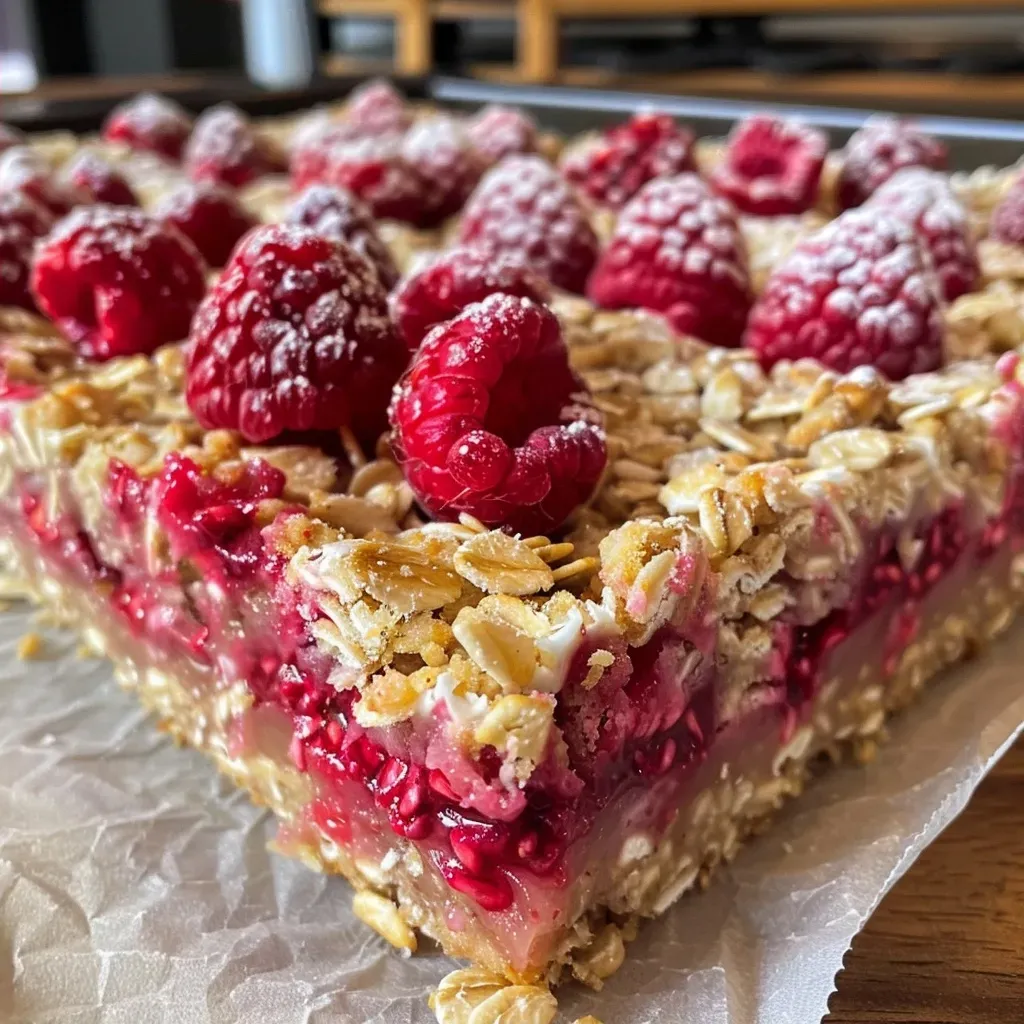 ['Close-up of Gluten-Free Raspberry Yogurt Bars with a shiny raspberry topping.', 'Side view of a delicious stack of Gluten-Free Raspberry Yogurt Bars, highlighting their texture.', 'Juicy Gluten-Free Raspberry Yogurt Bars on a plate, showcasing fresh raspberries.', 'Textured layers of Gluten-Free Raspberry Yogurt Bars, with a focus on vibrant raspberry filling.']