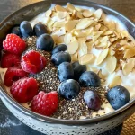 ['Close-up view of a Greek yogurt breakfast bowl topped with berries and almonds.', 'Side view of a delicious Greek yogurt bowl showcasing blueberries and raspberries.', 'A vibrant breakfast bowl filled with Greek yogurt, fresh berries, and chia seeds.', 'Juicy Greek yogurt breakfast bowl highlighted with nuts and a drizzle of honey.']