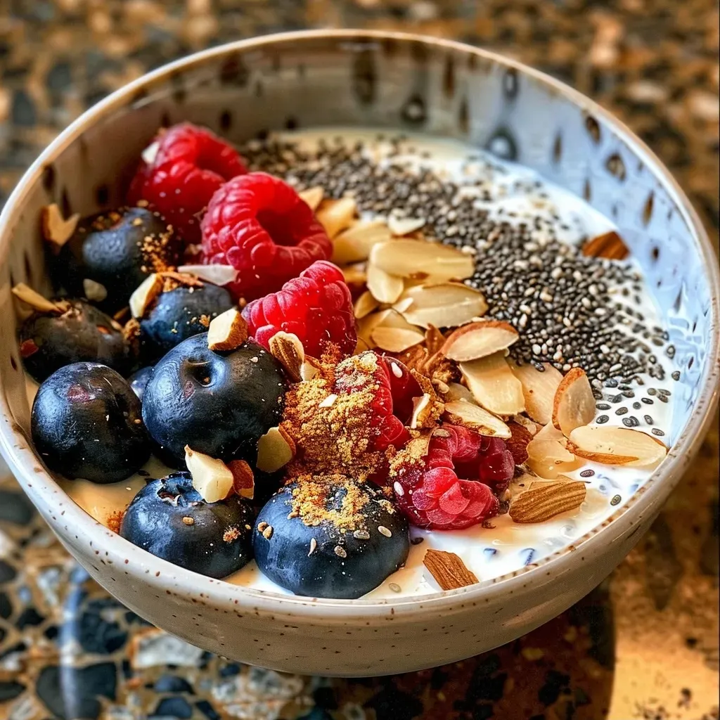 ['Close-up view of a Greek yogurt breakfast bowl topped with berries and almonds.', 'Side view of a delicious Greek yogurt bowl showcasing blueberries and raspberries.', 'A vibrant breakfast bowl filled with Greek yogurt, fresh berries, and chia seeds.', 'Juicy Greek yogurt breakfast bowl highlighted with nuts and a drizzle of honey.']