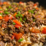 ['Close-up of a juicy Ground Beef and Rice Skillet with colorful diced vegetables.', 'Side view of a savory Ground Beef and Rice dish, featuring ground beef and rice mixed with bell peppers and onions.', 'A vibrant Ground Beef and Rice Skillet showing diced tomatoes and herbs, garnished with melted cheese.', 'Delicious Ground Beef and Rice Skillet in a cast iron pan, highlighting the beef, rice, and vegetables.']