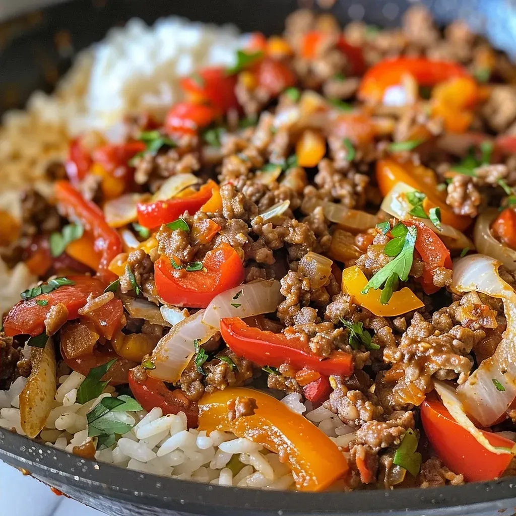 ['Close-up of a juicy Ground Beef and Rice Skillet with colorful diced vegetables.', 'Side view of a savory Ground Beef and Rice dish, featuring ground beef and rice mixed with bell peppers and onions.', 'A vibrant Ground Beef and Rice Skillet showing diced tomatoes and herbs, garnished with melted cheese.', 'Delicious Ground Beef and Rice Skillet in a cast iron pan, highlighting the beef, rice, and vegetables.']