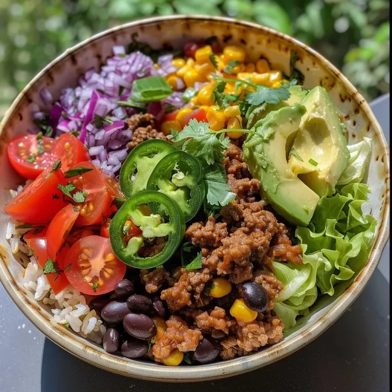 ['A close-up side view of a Ground Beef Burrito Bowl filled with colorful ingredients.', 'Close-up image of a delicious Ground Beef Burrito Bowl showcasing ground beef, rice, and toppings.', 'A vibrant Ground Beef Burrito Bowl featuring layers of ground beef, beans, and fresh vegetables.', 'An enticing side view of a Ground Beef Burrito Bowl with various toppings and ingredients.']