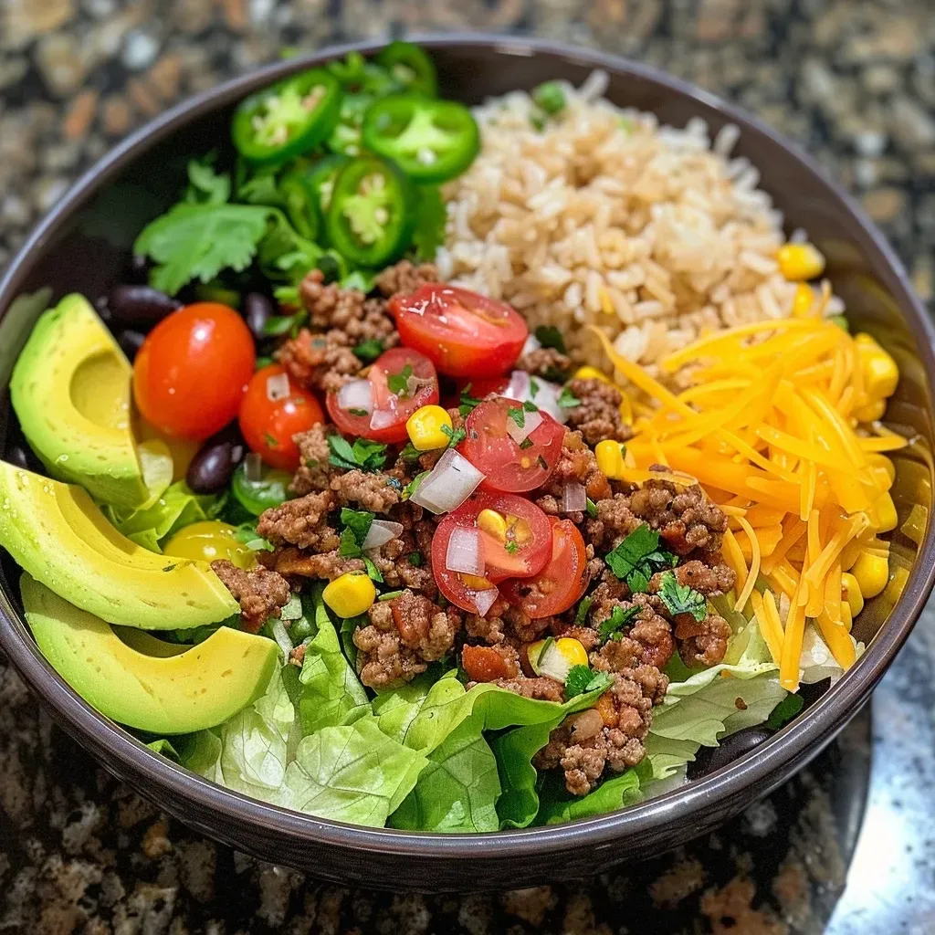 ['A close-up side view of a Ground Beef Burrito Bowl filled with colorful ingredients.', 'Close-up image of a delicious Ground Beef Burrito Bowl showcasing ground beef, rice, and toppings.', 'A vibrant Ground Beef Burrito Bowl featuring layers of ground beef, beans, and fresh vegetables.', 'An enticing side view of a Ground Beef Burrito Bowl with various toppings and ingredients.']