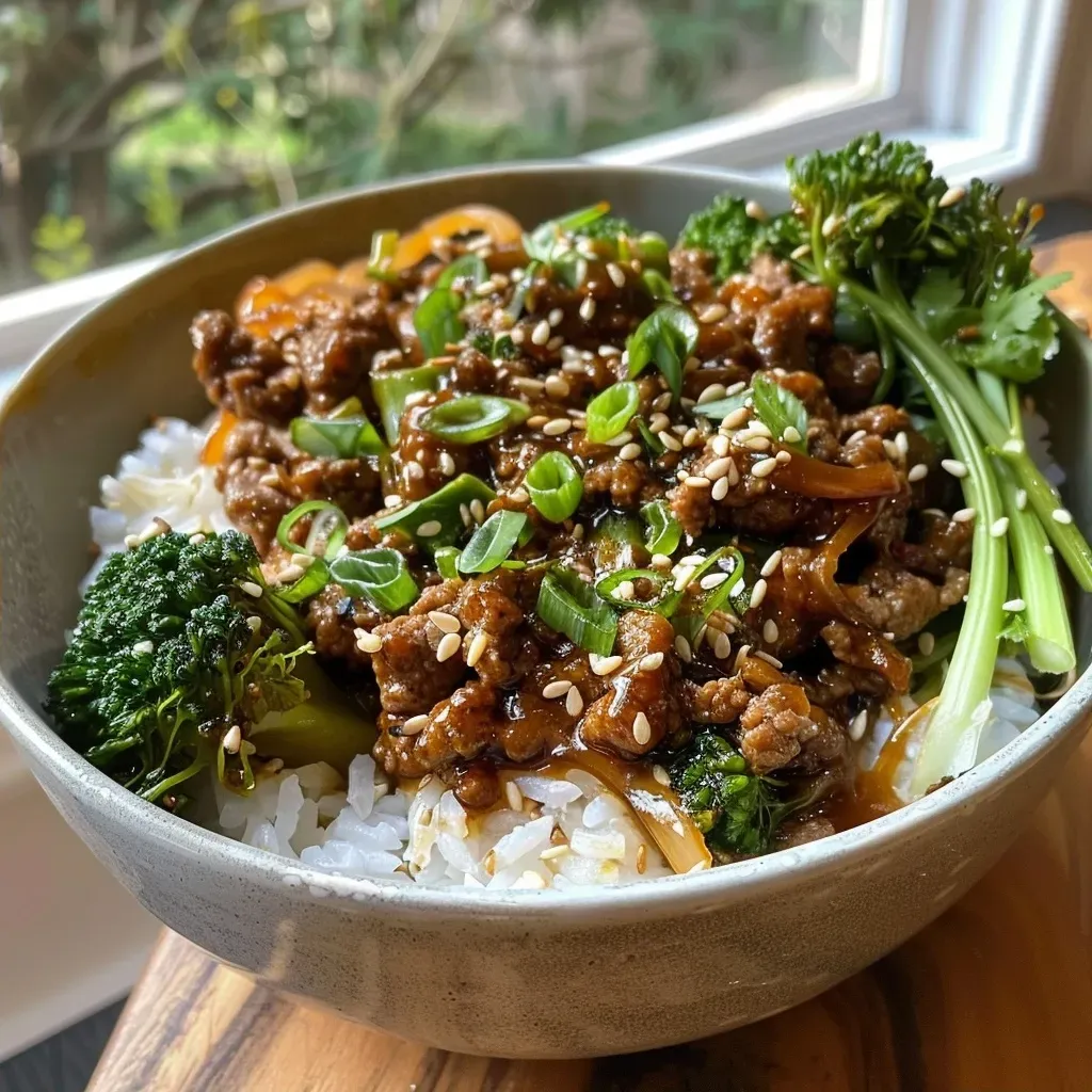 ['Close-up of a juicy Ground Beef Hot Honey Bowl with colorful vegetables.', 'Side view of a Ground Beef Hot Honey Bowl featuring ground beef and fresh greens.', 'Delicious Ground Beef Hot Honey Bowl garnished with sesame seeds and scallions.', 'Appetizing Ground Beef Hot Honey Bowl with a vibrant mix of ingredients.']