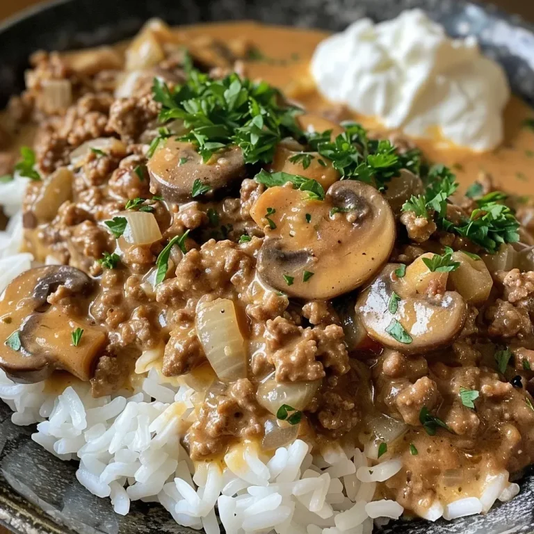 ['Close-up view of Ground Beef Stroganoff served over rice.', 'Juicy Ground Beef Stroganoff with mushrooms and onions on a plate of rice.', 'Side view of a hearty dish of Ground Beef Stroganoff and rice.', 'Meal showcasing creamy Ground Beef Stroganoff combined with fluffy rice.']