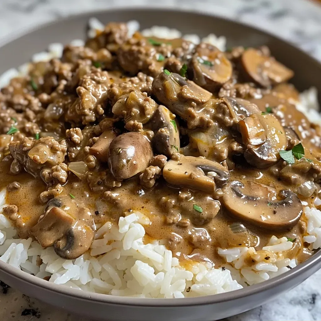 Close-up view of Ground Beef Stroganoff served over rice.