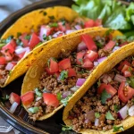 ['Close-up view of juicy ground beef tacos filled with fresh ingredients.', 'Side view of delicious ground beef tacos showcasing toppings and texture.', 'Tasty ground beef tacos with toppings like lettuce, cheese, and tomatoes.', 'Vibrant ground beef tacos displayed with a variety of fresh ingredients.']