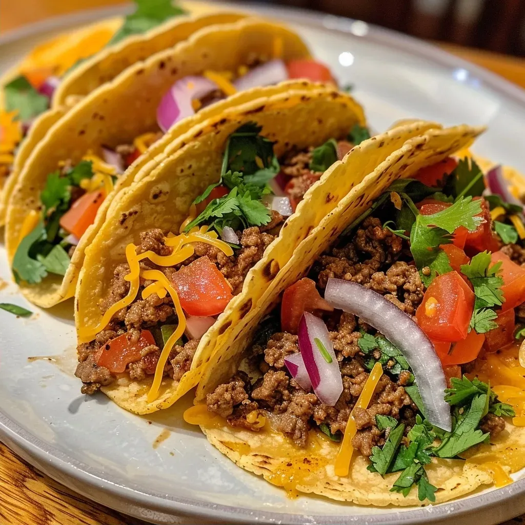 ['Close-up view of juicy ground beef tacos filled with fresh ingredients.', 'Side view of delicious ground beef tacos showcasing toppings and texture.', 'Tasty ground beef tacos with toppings like lettuce, cheese, and tomatoes.', 'Vibrant ground beef tacos displayed with a variety of fresh ingredients.']