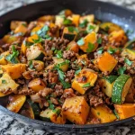 ['A close-up view of a Ground Beef Zucchini Sweet Potato Skillet filled with colorful vegetables and garnished with parsley.', 'A vibrant skillet dish showcasing ground beef, zucchini, and sweet potato, with melted cheese on top.', 'A side view of a hearty skillet meal featuring ground beef, sliced zucchini, and diced sweet potato, sprinkled with parsley.', 'A close-up of a savory Ground Beef Zucchini Sweet Potato Skillet, highlighting the juicy beef and fresh vegetables.']