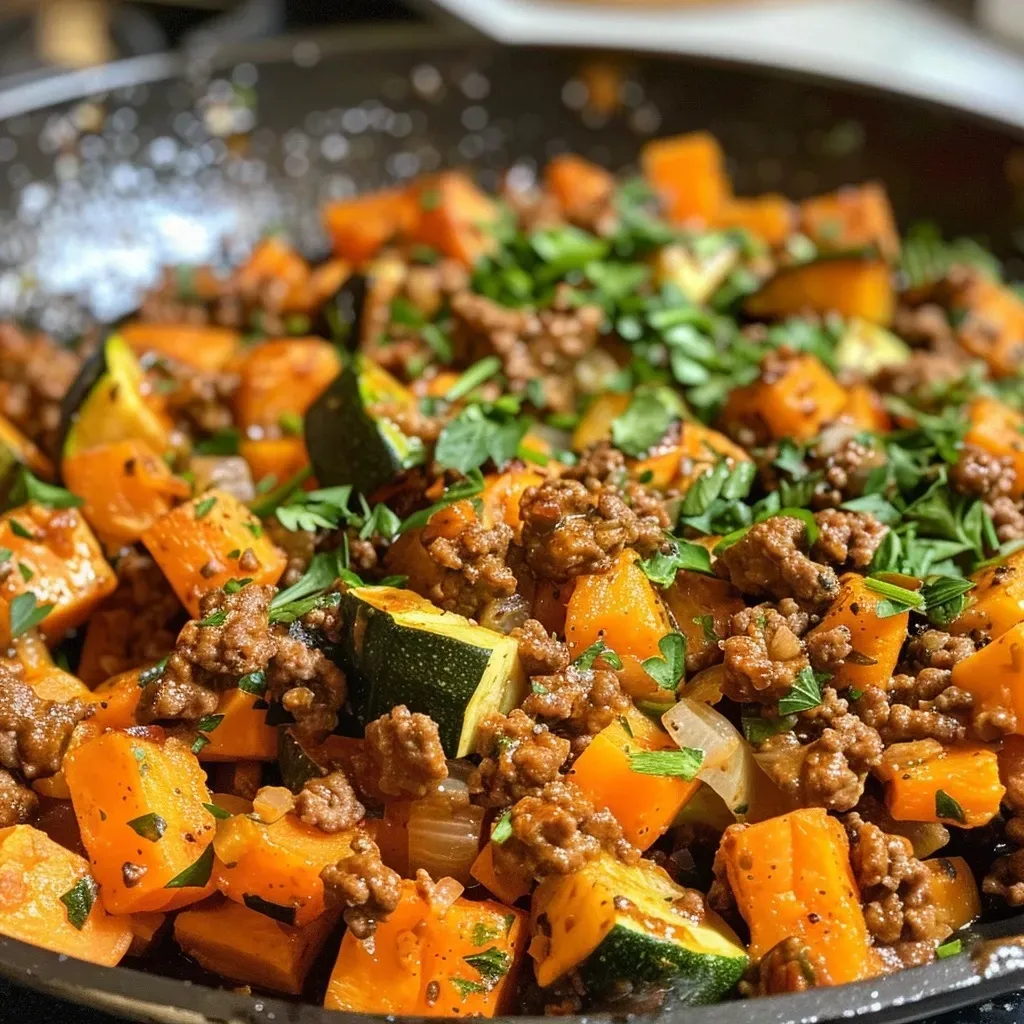 ['A close-up view of a Ground Beef Zucchini Sweet Potato Skillet filled with colorful vegetables and garnished with parsley.', 'A vibrant skillet dish showcasing ground beef, zucchini, and sweet potato, with melted cheese on top.', 'A side view of a hearty skillet meal featuring ground beef, sliced zucchini, and diced sweet potato, sprinkled with parsley.', 'A close-up of a savory Ground Beef Zucchini Sweet Potato Skillet, highlighting the juicy beef and fresh vegetables.']