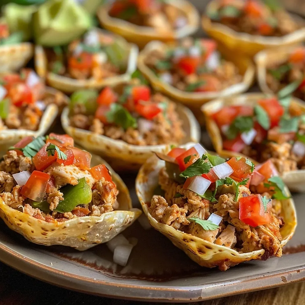['Close-up view of juicy Ground Chicken Taco Ranch Bites on a plate, garnished with fresh toppings.', 'Side angle of Ground Chicken Taco Ranch Bites, showcasing the melted cheese and colorful toppings.', 'Plate filled with golden tortilla squares filled with ground chicken and cheese, ready to eat.', 'Juicy Ground Chicken Taco Ranch Bites with diced tomatoes and green chiles, accented by cilantro.']