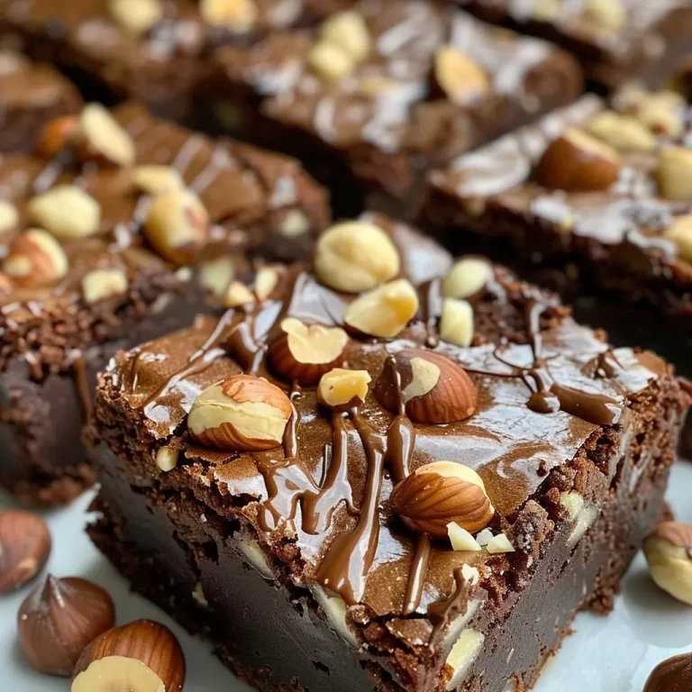 ['Close-up side view of fudgy hazelnut brownies topped with a dusting of confectioners’ sugar.', 'Rich, chocolatey hazelnut brownies displayed on a rustic wooden surface.', 'Decadent brownies showcasing chopped hazelnuts and a glossy chocolate layer.', 'A tantalizing view of freshly baked brownies infused with hazelnuts and chocolate.']
