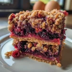 ['Side view of Healthy Berry Streusel Bars with a crumbly topping and mixed berries.', 'Close-up of a slice of Healthy Berry Streusel Bars showing the juicy berry filling and oat crust.', 'A delicious Healthy Berry Streusel Bar featuring oats, berries, and a nutty topping from a side angle.', 'Image of Healthy Berry Streusel Bars showcasing their vibrant berry color and crunchy streusel layer.']