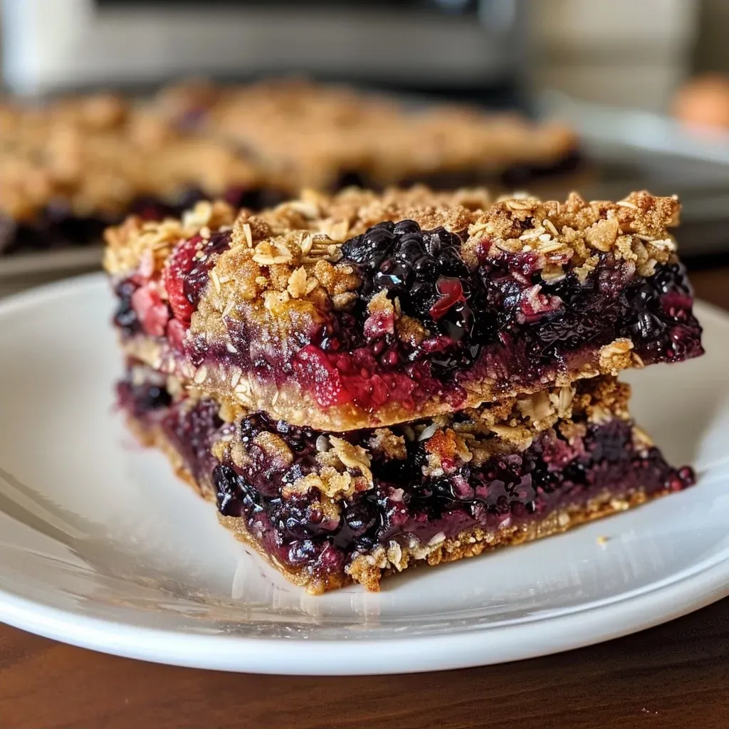 ['Side view of Healthy Berry Streusel Bars with a crumbly topping and mixed berries.', 'Close-up of a slice of Healthy Berry Streusel Bars showing the juicy berry filling and oat crust.', 'A delicious Healthy Berry Streusel Bar featuring oats, berries, and a nutty topping from a side angle.', 'Image of Healthy Berry Streusel Bars showcasing their vibrant berry color and crunchy streusel layer.']