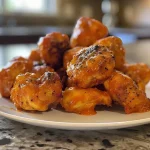 ['Close-up of healthy buffalo chicken bites on a white plate, glistening with sauce.', 'Side view of juicy buffalo chicken bites, garnished and arranged appetizingly.', 'Freshly cooked buffalo chicken bites with a crispy texture and vibrant orange sauce.', 'A tempting plate of healthy buffalo chicken bites, showcasing their succulent appearance.']