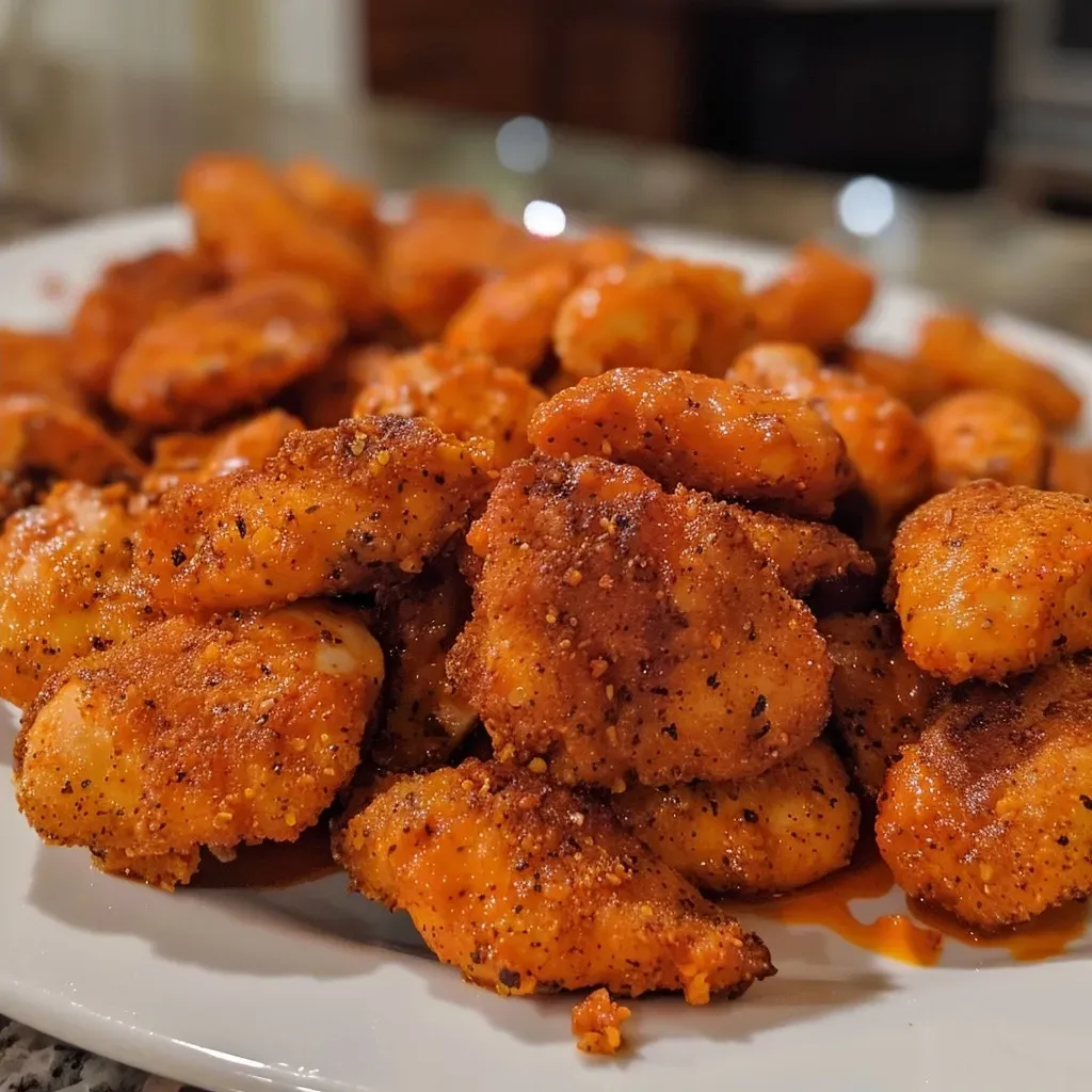 Close-up of healthy buffalo chicken bites on a white plate, glistening with sauce.