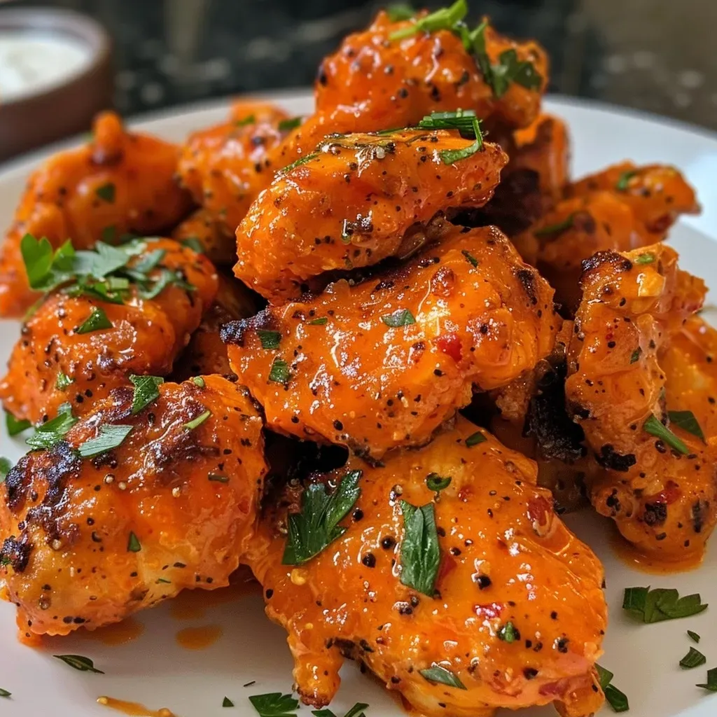 Close-up view of Healthy Buffalo Chicken Bites on a plate, showcasing their juicy texture.
