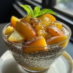 ['Close-up of a creamy chia pudding topped with diced peaches.', 'Side view of chia pudding in a glass bowl, garnished with fresh fruit.', 'A vibrant chia pudding with peach pieces, showcasing its texture.', 'Chia pudding in a modern bowl, highlighting its healthy ingredients.']