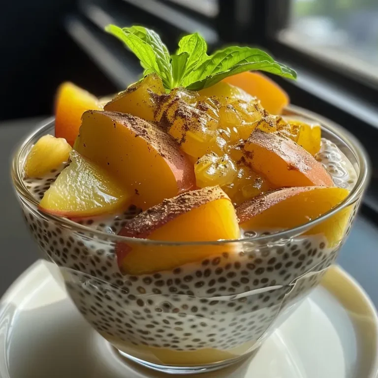 ['Close-up of a creamy chia pudding topped with diced peaches.', 'Side view of chia pudding in a glass bowl, garnished with fresh fruit.', 'A vibrant chia pudding with peach pieces, showcasing its texture.', 'Chia pudding in a modern bowl, highlighting its healthy ingredients.']